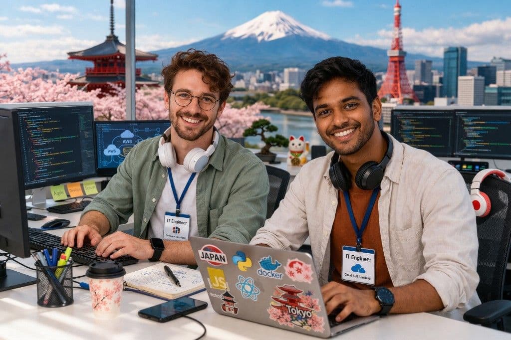 コードとクラウド構成図を表示するモニター前で笑顔の多国籍ITエンジニア|富士・東京の景観を背景に日本で働くグローバル人材|技人国採用を支援する東京法務パートナーズ行政書士