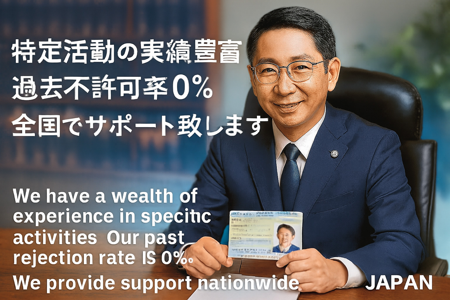 日本で特定活動ビザを申請したい人をサポートする行政書士が信頼できる様子で在留カードを許可取得している. 過去不許可率０％　